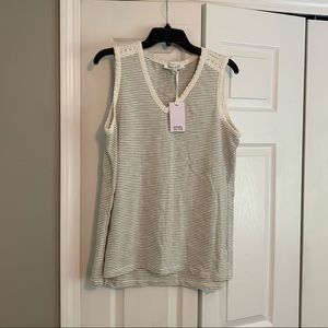 NEW Rose & Olive striped tank top knit blouse crochet lace gray sleeveless + L